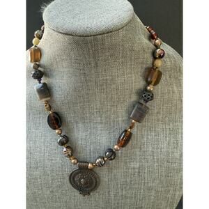 Vintage Beaded Chunky Pendant Medallion Necklace Glass Bead Festival Boho 90s